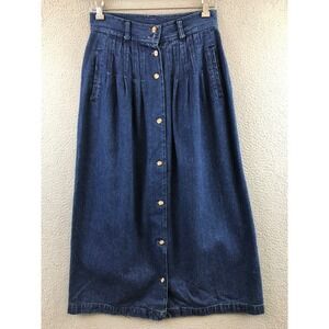 Vintage Sportables Women's Denim Maxi Skirt Blue Button Front Pleated Size 8